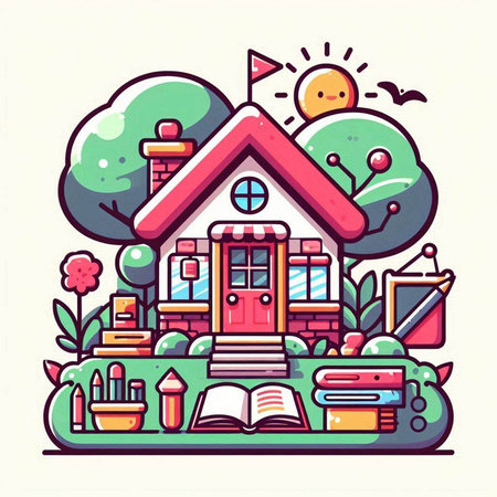 Vector illustration of school building with books, pencils and other items. Education and learning concept.のイラスト素材