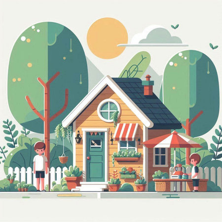 House in the garden. Vector illustration in flat style. Cartoon style.のイラスト素材