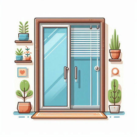 Modern door with plants in pots. Vector illustration in flat style.のイラスト素材