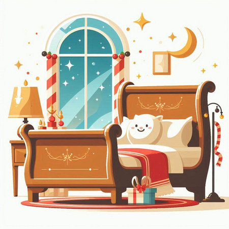 Vector illustration of a Christmas room with a chair, a window and a catのイラスト素材