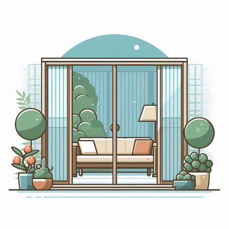 Illustration of a modern living room with a view of the garden.のイラスト素材