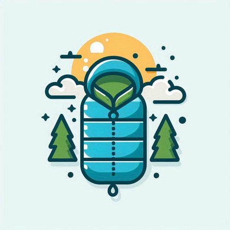Vector illustration of a sleeping bag in the forest, flat line designのイラスト素材