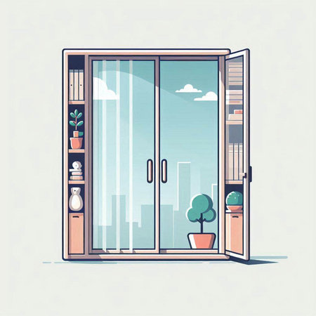 Modern window with a view of the city. Vector illustration in flat styleのイラスト素材