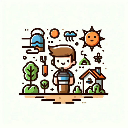 Vector illustration of man working in the garden. Flat line style design.のイラスト素材