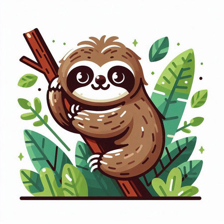 Cute cartoon sloth sitting on tree branch. Vector illustration.のイラスト素材