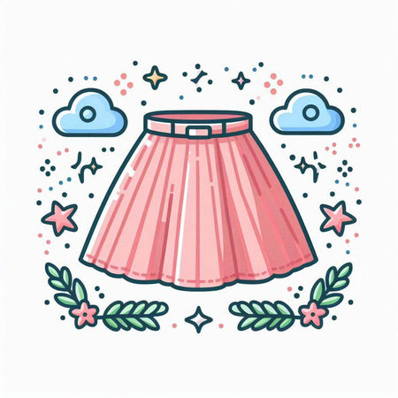 Pink skirt with floral wreath. Vector illustration in doodle style.のイラスト素材