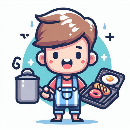 Illustration of a boy cooking in the kitchen, vector illustration.のイラスト素材