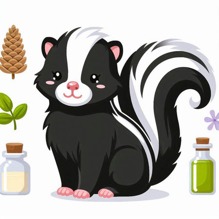 Skunk with a bottle of essential oil. Vector cartoon illustration.のイラスト素材