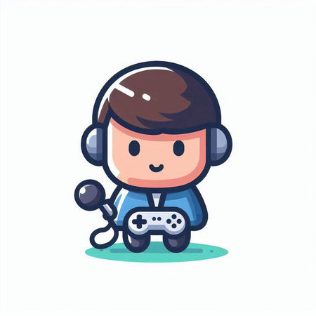 Cute boy playing video games with joystick. Vector cartoon illustration.のイラスト素材