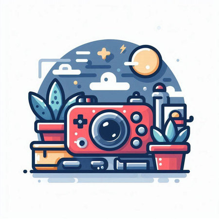 Vector illustration of a flat line art design of a retro camera.のイラスト素材