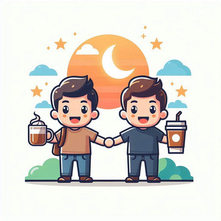 cute boys drinking coffee with moon and sun cartoon vector illustration.のイラスト素材