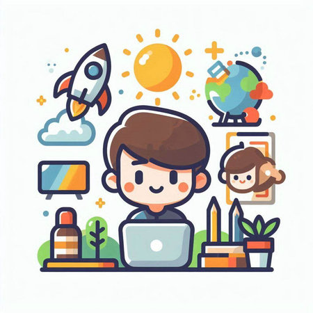 Vector illustration of a boy working on laptop at home. Flat design style.のイラスト素材