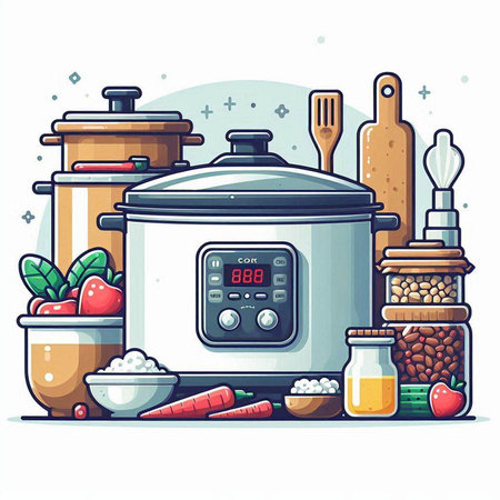 Vector illustration of a modern electric multi cooker with ingredients for cooking.のイラスト素材