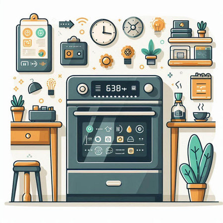 Vector illustration of modern kitchen interior with furniture and household appliances in flat style.のイラスト素材