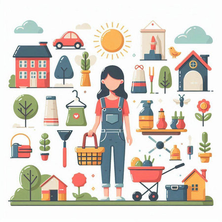 Vector illustration of a woman standing in front of a set of farm iconsのイラスト素材
