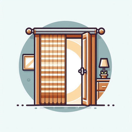 Vector illustration of closed door with curtains and lamp, flat style.のイラスト素材