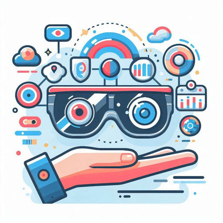 Virtual reality glasses in hand. Vector illustration. Modern flat line design.のイラスト素材
