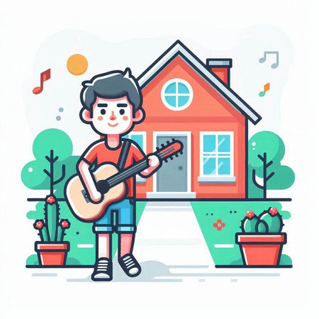 Boy playing guitar in front of house. Flat style vector illustration.のイラスト素材