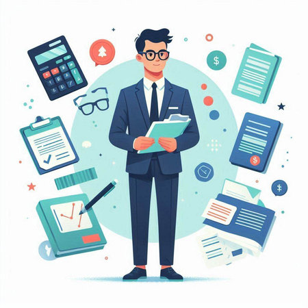 Businessman with documents and calculator. Vector illustration in flat style.のイラスト素材