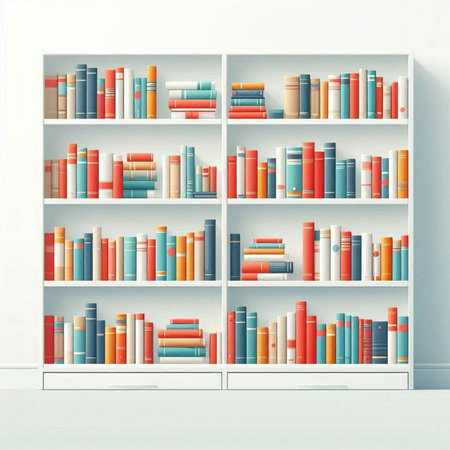 Bookshelves with books and magazines in interior. Vector illustration.のイラスト素材
