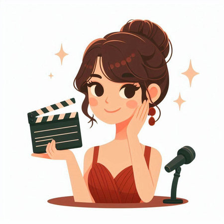 Cute girl with movie clapper. Vector illustration in cartoon style.のイラスト素材