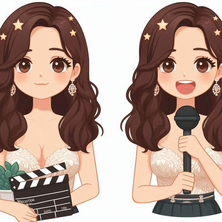 Cute girl with a microphone and clapperboard. Vector illustration.のイラスト素材