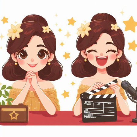 Cute cartoon girls with movie clapper board. Vector illustration.のイラスト素材