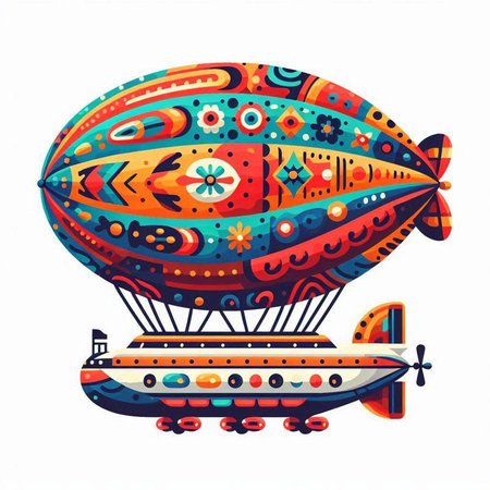 Vintage airship with colorful pattern isolated on white background. Vector illustration.のイラスト素材