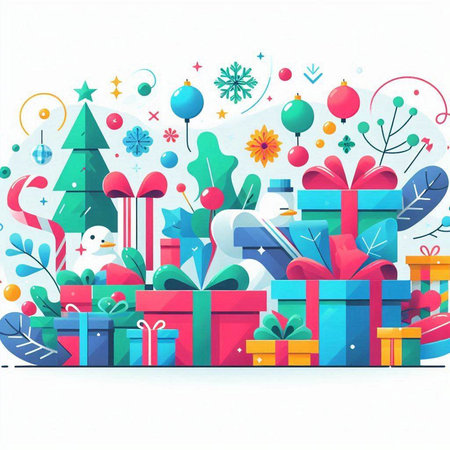 Christmas and New Year background with gift boxes and tree. Vector illustration.のイラスト素材