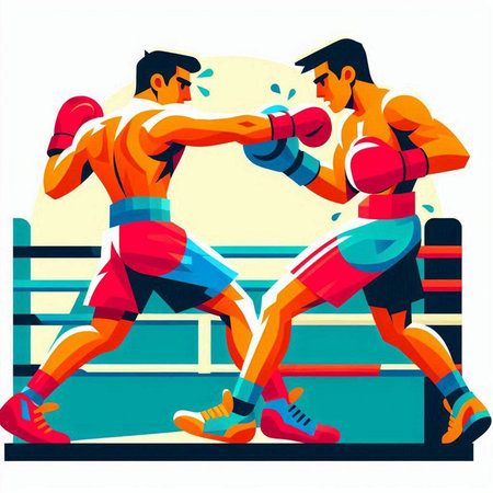 Boxing competition. Two male boxers fight in ring. Vector illustrationのイラスト素材