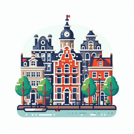 Amsterdam, Netherlands. Colorful vector illustration in flat style.のイラスト素材