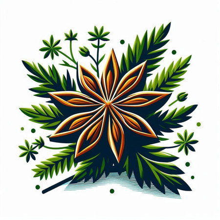 Star anise flower and leaves on white background. Vector illustration.のイラスト素材