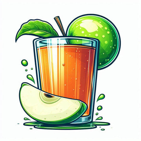 Glass of fresh apple juice with green apples and splashes. Vector illustration.のイラスト素材