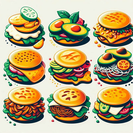 Big set of cheeseburgers with different fillings. Vector illustrationのイラスト素材