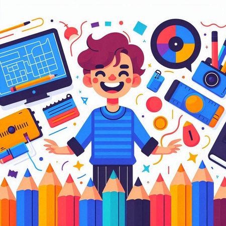Cheerful schoolboy with colorful pencils and gadgets. Vector illustrationのイラスト素材