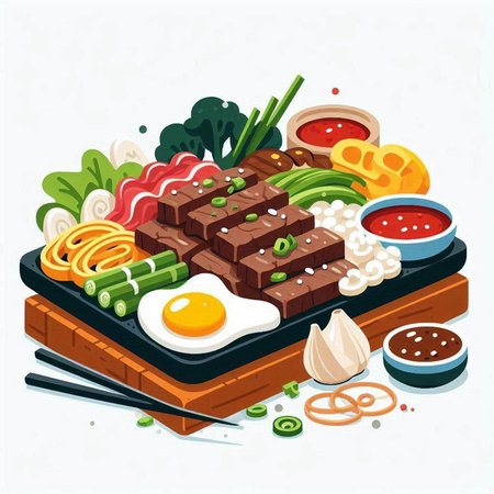 Korean food vector illustration. Sliced beef, rice noodles, vegetables, kimchi, fried egg, soy sauce.のイラスト素材
