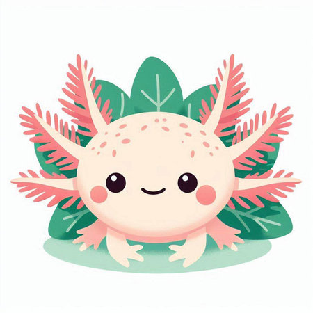 Cute kawaii monster on green leaves. Vector illustration.のイラスト素材