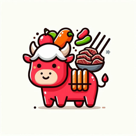 Cute Bull Character with Vegetables and Chopsticks Vector Illustrationのイラスト素材