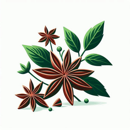 Illustration of star anise with green leaves on a white backgroundのイラスト素材