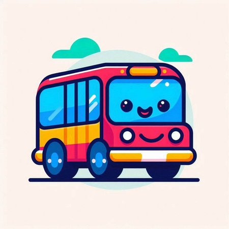 Cute cartoon bus character. Vector illustration in flat design style.のイラスト素材