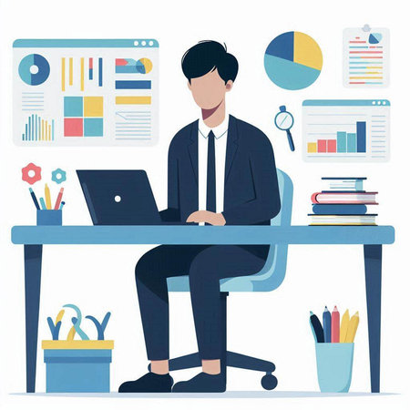 Businessman sitting at office desk with laptop. Vector flat illustration.のイラスト素材