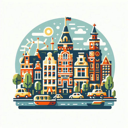 Amsterdam cityscape. Vector illustration in flat design style. Cityscape with houses, cars and trees.のイラスト素材