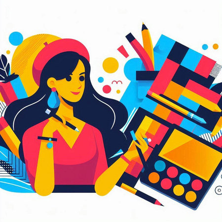 Vector illustration of woman with makeup brushes and cosmetics. Flat style.のイラスト素材
