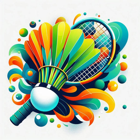 vector illustration of a badminton racket and ball on colorful backgroundのイラスト素材
