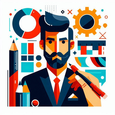 Businessman with a pen in his hand. Vector illustration in flat style.のイラスト素材