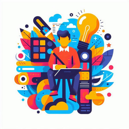 Creative process concept. Young man working on laptop. Vector illustrationのイラスト素材