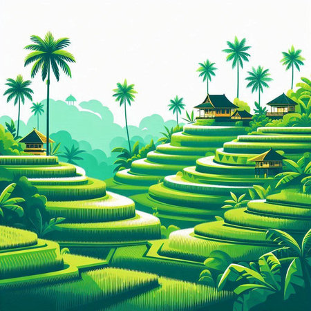 Green rice terraces and palm trees on white background. Vector illustration.のイラスト素材