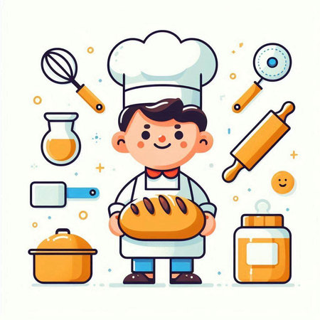 Chef boy with bread and cooking tools. Vector illustration in cartoon styleのイラスト素材