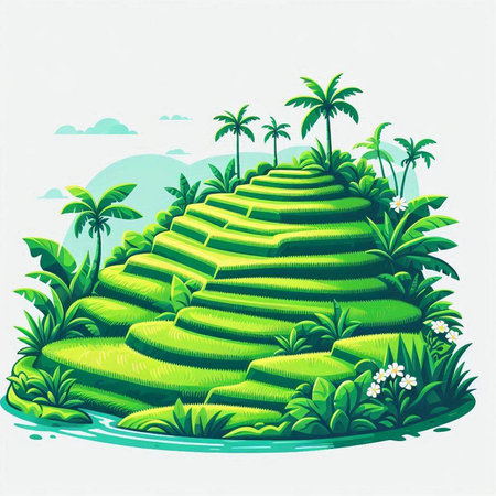 Green rice terraces with palm trees and flowers. Vector illustration.のイラスト素材