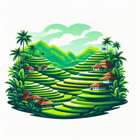 Rice terraces with a house in the background. Vector illustration.のイラスト素材